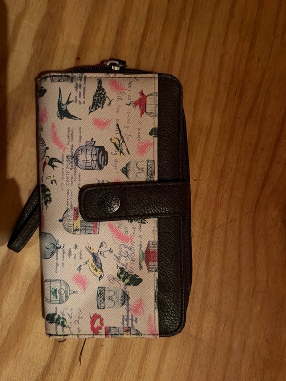Printed Zip-Around Wallet with Brown Trim - Pink Accent
